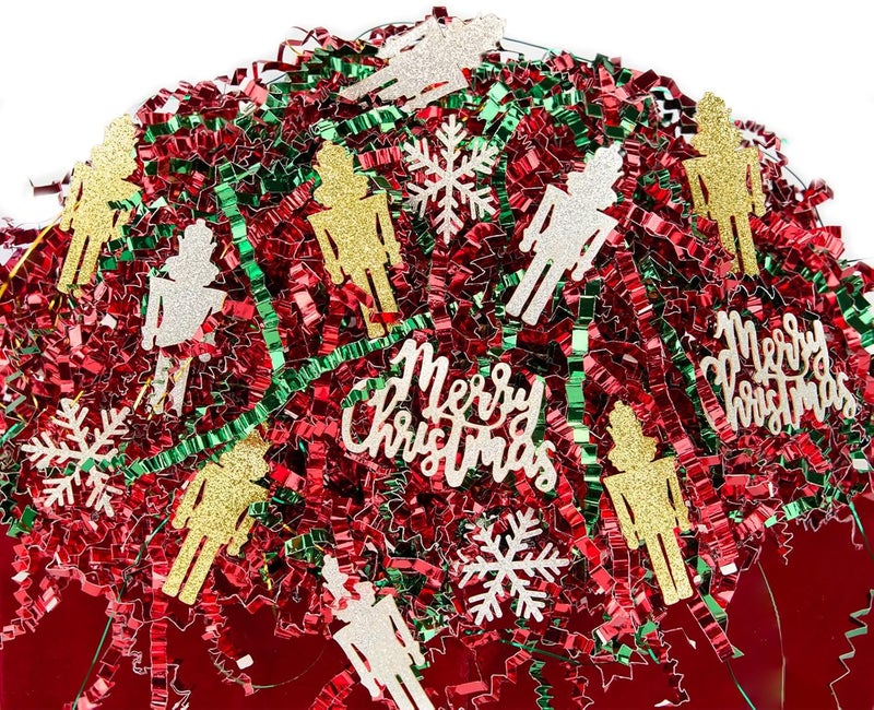 PAPER FAIR 1LB Christmas Red Green Classic Crinkle Cut Paper Shred Filler w/Nutcracker Confetti, Gold Iridescent Glitter Strand Raffia Tissue, Xmas Candy Cane Gift Box Craft Bedding Cushion - Image 1